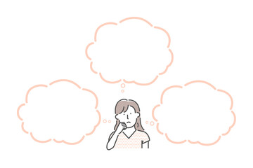 Vector illustration of a thinking woman with speech bubbles..