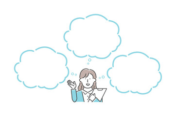 Vector illustration of a thinking woman with speech bubbles..