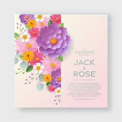 Wedding invitation card template with flowers paper cut