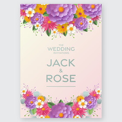 Wedding invitation card template with flowers paper cut