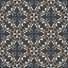 Vector aztec geometric small triangle shape vintage white-gold color seamless pattern on black background. Use for fabric, textile, interior decoration elements, upholstery, wrapping.