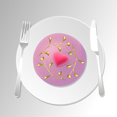 Pink round dessert with three golden leaves and a pink heart on a ceramic plate with a silver knife and fork next to it, on a white background, 3d realistic illustration, vector.