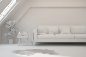 Mock up of stylish room in white color with sofa. Scandinavian interior design. 3D illustration