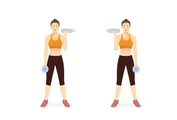 Fototapeta na wymiar Sport Women use dumbbells from water bottles for exercise with the dumbbell curl on left and right arms. Quick and easy exercise targets bicep muscles with equipment at home.
