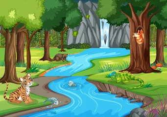 Wild animals cartoon characters in the forest scene © blueringmedia