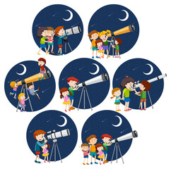 Set of different kids looking through telescope at night