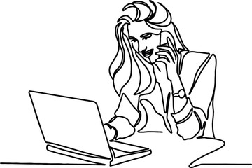 Woman Working Laptop Continuous One Line Drawing. Businesswoman and Laptop Outline Drawing Line Art. Female Line Abstract Portrait