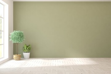 Green empty room. Scandinavian interior design. 3D illustration