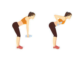 Fototapeta na wymiar Sport Women doing Fitness with a water bottle by Deadlift Back Row pose in 2 steps. How to Build Muscle with water bottle exercise.
