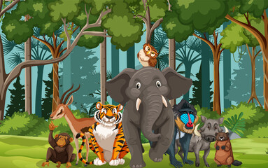 Forest scene with wild animals group