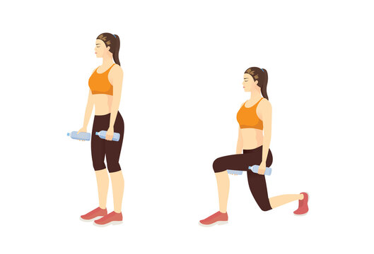 Woman doing exercise in Reverse Lunge pose with water bottle. Illustration about Fitness with lightweight equipment.