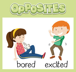 Opposite English words with bored and excited