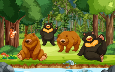 Fototapeta na wymiar Group of bears in the forest scene