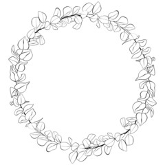Flower wreath. Composition from botanical elements. Flowers and leaves in line art style.