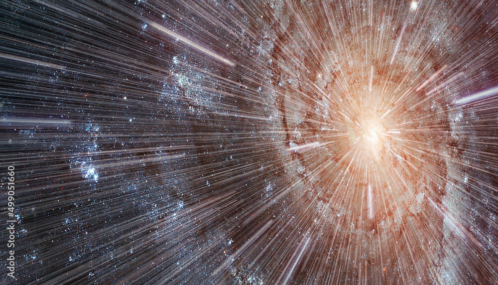 Leinwandbilder Hyperspace jump - Space Travelling in the Speed of Light Spiral galaxy in the background - Abstract light with fibre-optic 