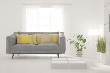 Modern living room in white color with sofa. Scandinavian interior design. 3D illustration