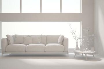 White minimalist living room with sofa. Scandinavian interior design. 3D illustration