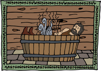 Illustration of medieval bathing in a stylized frame. Medieval, bath, bathroom, funny, ready to use, eps. For your design