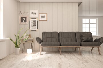 White living room with sofa. Scandinavian interior design. 3D illustration