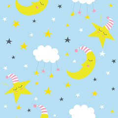 Cute moon and cloud seamless pattern with blue background