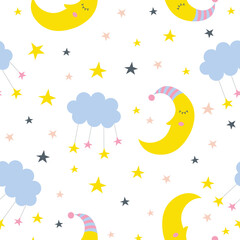 Fototapeta na wymiar Cute moon and cloud seamless pattern with white background