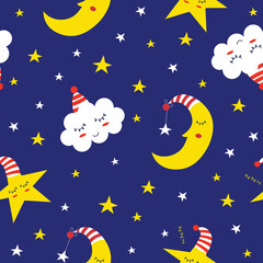 Moon and star seamless pattern with blue background