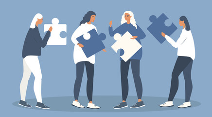 vector illustration in flat style on the theme of teamwork. women carry puzzle pieces. friendly staff, close-knit work. illustration for web, magazines, apps