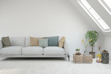 White living room with sofa. Scandinavian interior design. 3D illustration