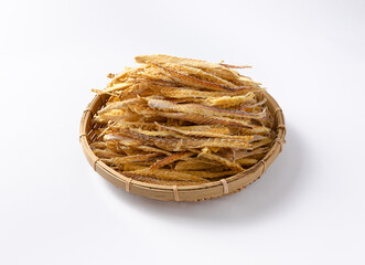 Thinly sliced dried pollack in a traditional basket