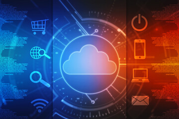 2d illustration of Cloud computing, Digital Cloud computing Concept background. Cyber technology, internet data storage, database and data server concept