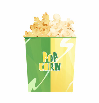 Tasty popcorn in green and yellow box. Cartoon vector illustration.