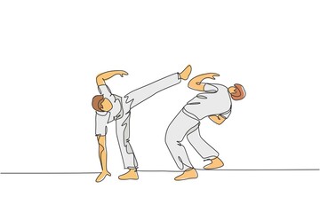 Single continuous line drawing of two young sportive men practice Brazilian capoeira move dance at outdoor street. Culture martial art sport concept. Trendy one line draw design vector illustration