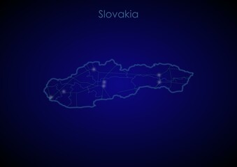 Fototapeta premium Slovakia concept map with glowing cities and network covering the country, map of Slovakia suitable for technology or innovation or internet concepts.