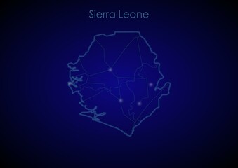 Sierra Leone concept map with glowing cities and network covering the country, map of Sierra Leone suitable for technology or innovation or internet concepts.