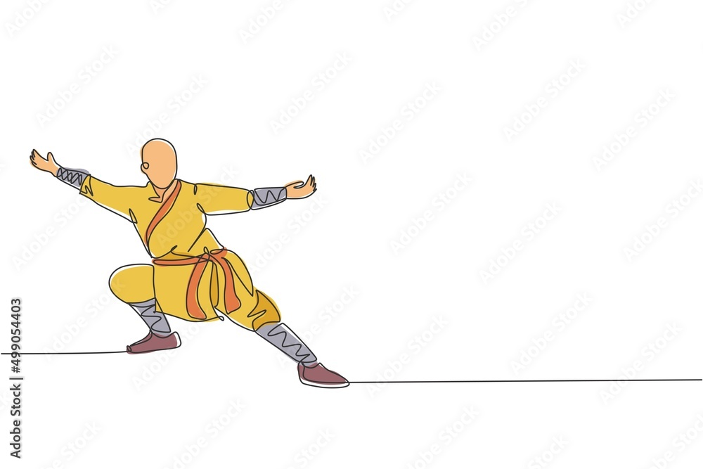 Poster one continuous line drawing of young shaolin monk man practice kung fu style at temple ground . trad