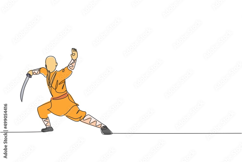 Poster one single line drawing of young energetic shaolin monk man exercise kung fu fighting with sword at 