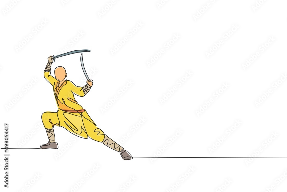 Poster one continuous line drawing of young shaolin monk man practice kung fu with swords at temple ground 