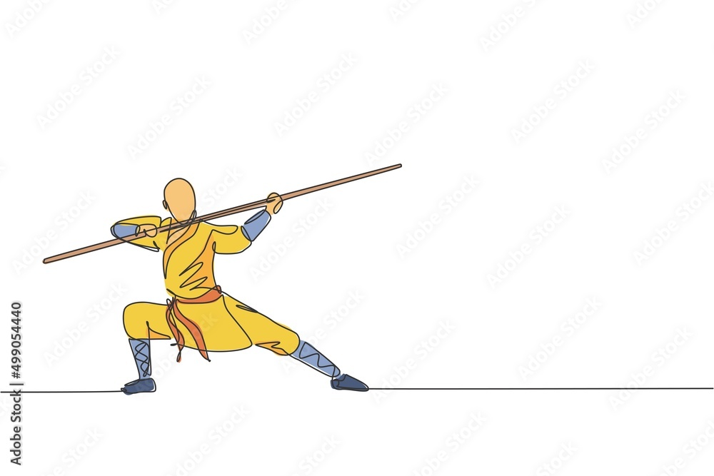 Poster one single line drawing of young energetic shaolin monk man exercise kung fu fighting with stick at 