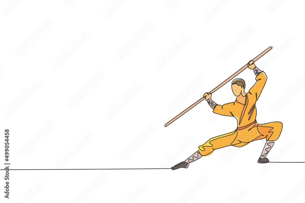 Poster one continuous line drawing young shaolin monk man practice kung fu using long staff at temple groun