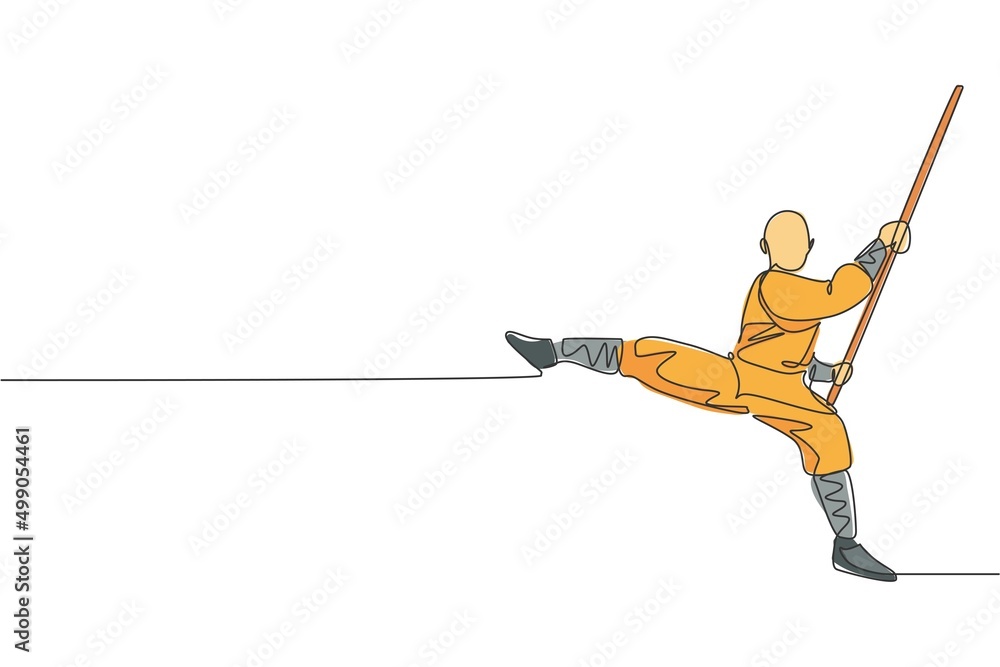 Poster one single line drawing of young energetic shaolin monk man exercise kung fu fighting with stick at 