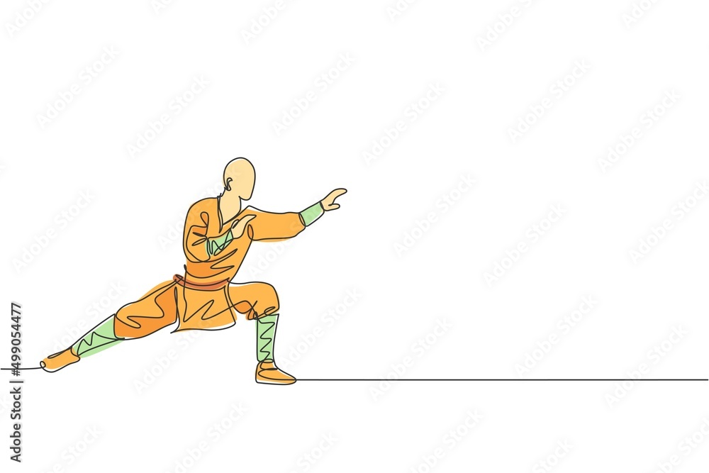 Poster one continuous line drawing of young shaolin monk man practice kung fu style at temple ground . trad