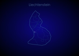 Liechtenstein concept map with glowing cities and network covering the country, map of Liechtenstein suitable for technology or innovation or internet concepts.