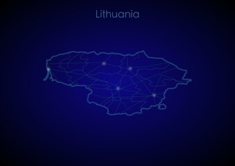 Lithuania concept map with glowing cities and network covering the country, map of Lithuania suitable for technology or innovation or internet concepts.