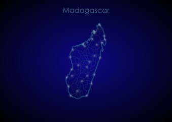 Madagascar concept map with glowing cities and network covering the country, map of Madagascar suitable for technology or innovation or internet concepts.
