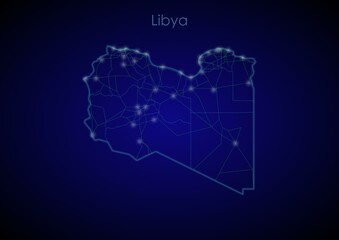 Libya concept map with glowing cities and network covering the country, map of Libya suitable for technology or innovation or internet concepts.