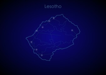 Fototapeta premium Lesotho concept map with glowing cities and network covering the country, map of Lesotho suitable for technology or innovation or internet concepts.
