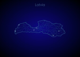 Latvia concept map with glowing cities and network covering the country, map of Latvia suitable for technology or innovation or internet concepts.