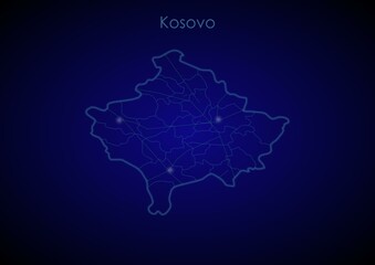 Kosovo concept map with glowing cities and network covering the country, map of Kosovo suitable for technology or innovation or internet concepts.