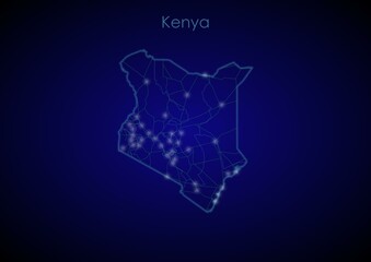 Kenya concept map with glowing cities and network covering the country, map of Kenya suitable for technology or innovation or internet concepts.