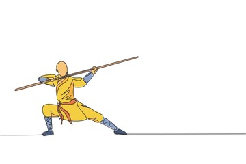 One single line drawing of young energetic shaolin monk man exercise kung fu fighting with stick at temple vector illustration. Ancient Chinese martial art sport concept. Continuous line draw design